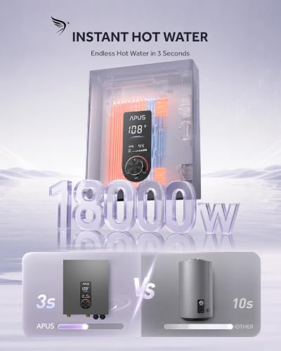 Image of APUS 18kW Tankless Water Heater Electric, 240V Instant On Demand Hot Water Heater, Up to 4.4 GPM with LED Display, Space-Saving and Energy-Saving Whole House Water Heater Design