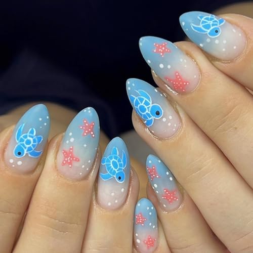 MERVF Almond Press on Nails Medium Fake Nail Blue Ombre French Tip Glue ons Turtle Starfish Pattern Ocean Design Stiletto Acrylic Cute Summer Art Manicure Glossy 24pcs
