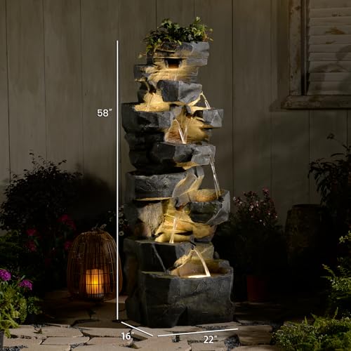 Image of 58Inch Outdoor Garden Water Fountain 6 Tiers Large Cascading Rock Natural Waterfall Outdoor Fountain with LED Lights for Patio Porch Backyard Home Art Decor