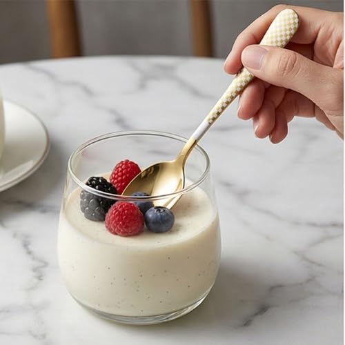 Image of 6.7 inch Aurum Gold Dessert Spoons Set of 5 with Checks Printed Handle ? Durable Stainless Steel Teaspoons, Mirror Polished Silverware Spoons, Perfect for Home, Restaurant, and Gifting