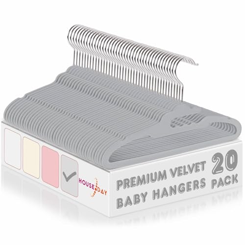 Image of HOUSE DAY Premium Baby Velvet Hangers 20 Pack for Kids, Non Slip Infant Clothes Hangers for Closet, 11 Inch Children's Hanger Space Saving on Baby Organization, Gray