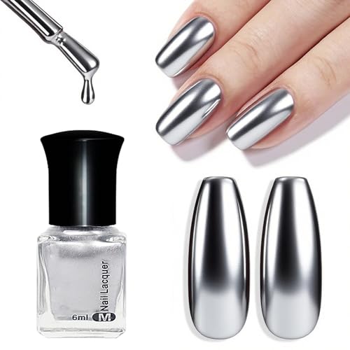 Silver Nail Polish, Mirror Effect Metallic Nail Polish for Daily & Party Use, Chrome Nail Varnish with Smooth Application, 60 Second Mirror Nail Varnish Quick Dry&Long Lasting, Nail Art Home Manicure