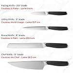 Starfrit Gourmet 6-Piece Set de couteaux de cuisine avec bloc en bois d'Acacia et aiguiseur à lame intégré, en acier inoxydable, 3.5" Paring, 5" Utilitaire, 8" Du pain, 8" Couteaux de chef