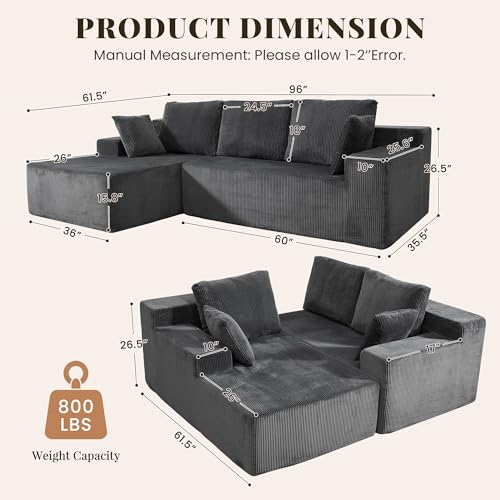 Image of GRUSIGN Cloud Sectional Boneless Couches for Living Room, Modular L Shaped Couch with Deep Seat Oversized Left Facing Chaise, Memory Foam Compressed Spineless 3 Seater Sofa for Apartment, Grey