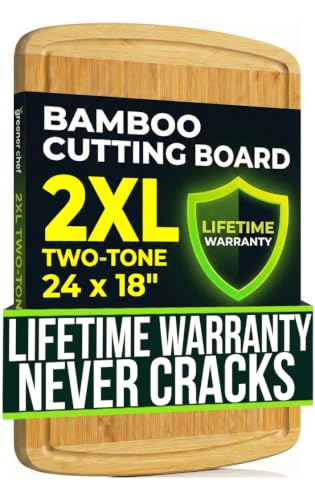 GREENER CHEF 24 Inch Bamboo Cutting Board with Lifetime Replacement - 2XL Extra Large Wooden Butcher Block for Kitchen, Stove Top, Meat, Vegetables, and Charcuterie with Deep Juice Grooves