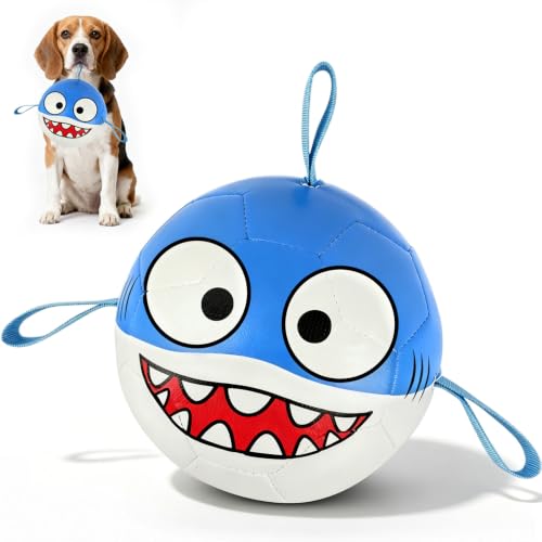 Image of Vivifying Dog Soccer Ball, 6 Inch Inflatable Shark Dog Toy with Nylon Grab Tabs, Reinforced PU Interactive Fetch and Tug Ball for Small Dogs, Blue and White