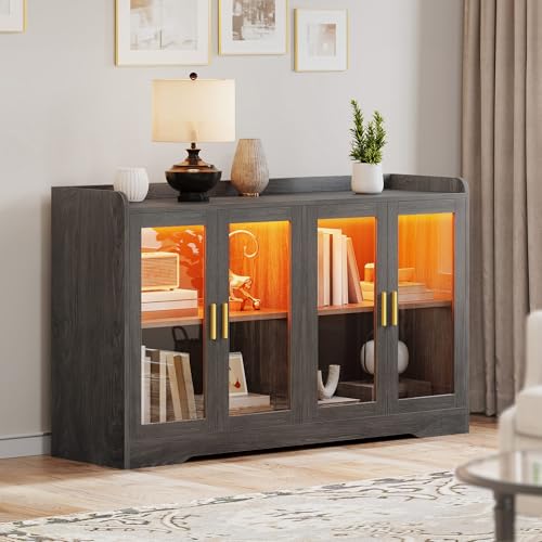DWVO 55'' Sideboard Buffet Cabinet with LED Light, Coffee Bar Cabinet with 4 Doors ＆ Adjustable Shelves for Kitchen, Dining Room, Living Room, Charcoal Grey