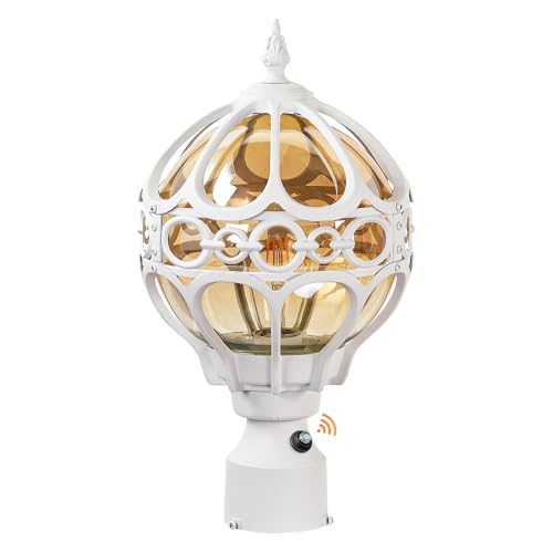 Image of White Outdoor Globe Post Lights, Exterior Waterproof Rustproof Sphere Outside Post Lamps Fixture, Farmhouse Aluminum Pillar Lantern for Porch House Pathway Fence Yard Garden Patio, No Sensor