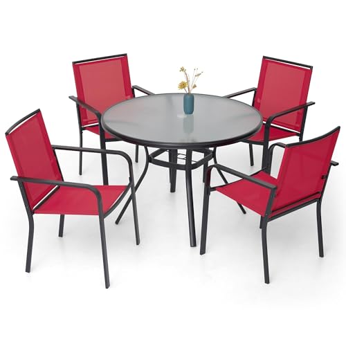 Image of Anmutig 5-Piece Outdoor Patio Dining Set, 40-Inch Round Glass Table with 4 Stackable Chairs,Red