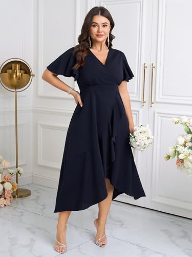 SCOMCHIC Plus Size Formal Dresses for Women Wedding Guest V Neck Wrap Ruffle Split Cocktail Party Evening Gowns Dress3