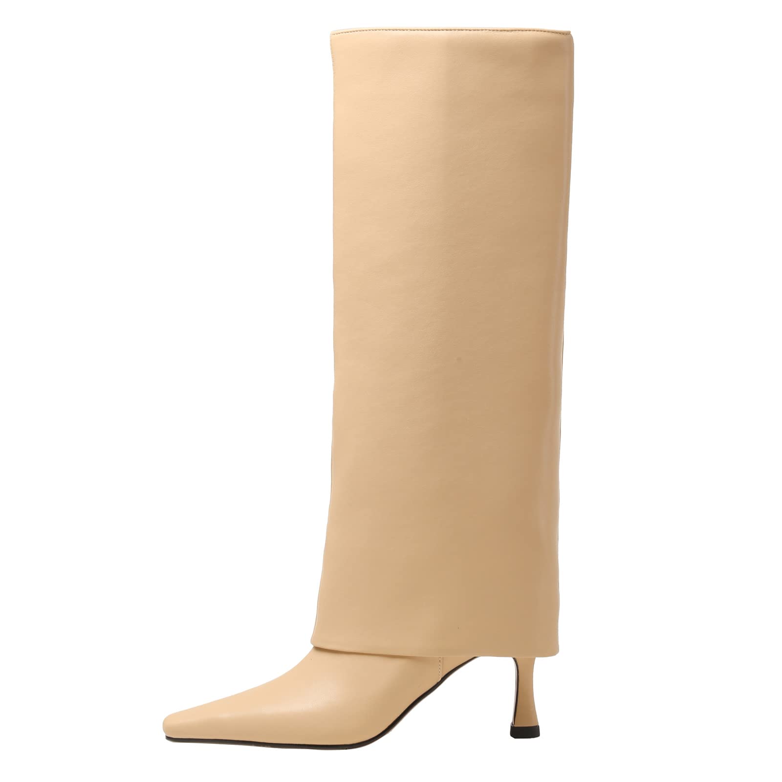 Kluolandi Womens Stiletto High Heel Knee High Boots Pointed Toe Fold Over Boots for Women Knee High Dress