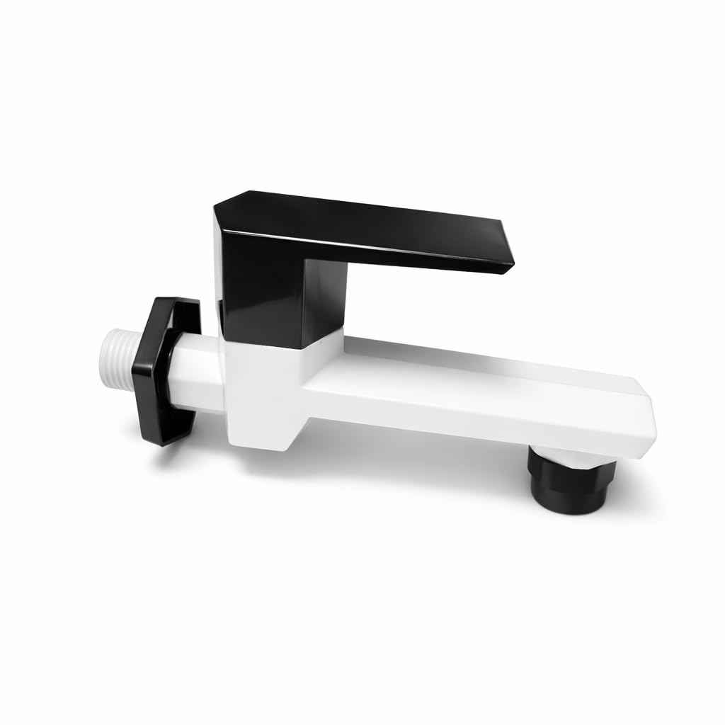Modern Plastic Water Tap for Bathroom & Kitchen | Wall Mount Bib Tap with Angular Handle | Durable Leak-Proof Faucet | Easy Installation Sink Tap (Black & White)-Big-image-3