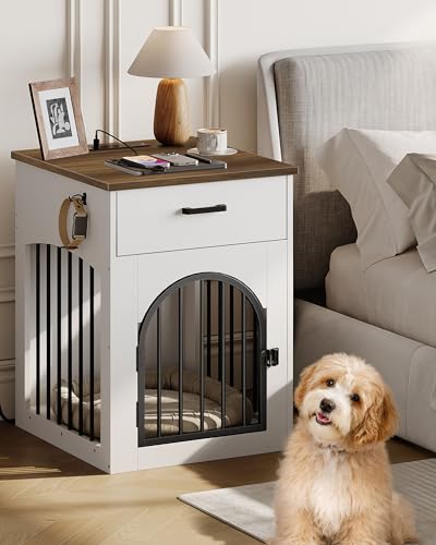 Dog Crate Furniture, Wooden Dog House with Charging Station and Storage Drawer, Indoor Pet Crate End Table for Small Breeds, for Living Room, Bedroom, White and Walnut MGW01UWL - Image 4