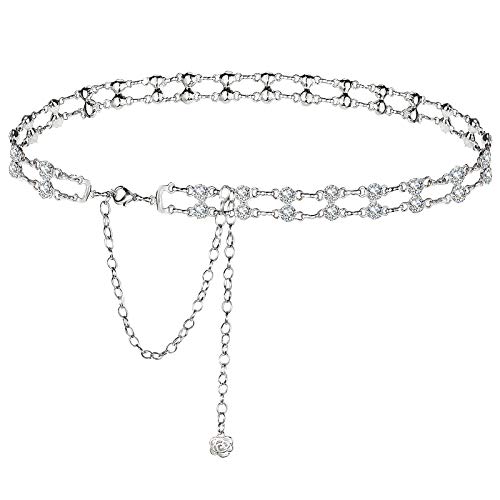 Wovanoo Chain Belt for Women Crystal Double Row Rhinestone Waist Chain Body Chain for Dress Silver 120cm
