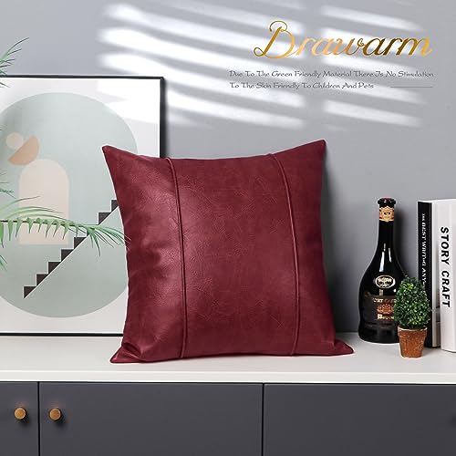 Image of BRAWARM Burgundy Leather Throw Pillow Covers 22 X 22 Inches - Faux Leather Pillow Cover with Piping, Hand Stitched Leather Throw Pillow for Couch Sofa Bed Living Room Home Decorative