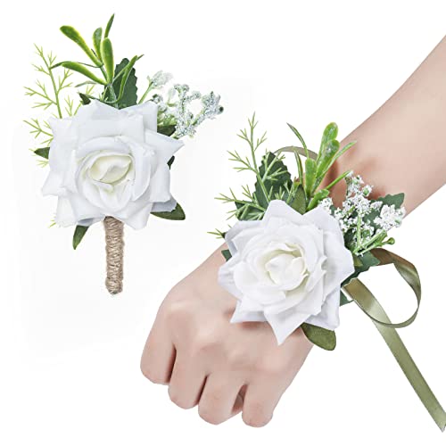 YSUCAU White Rose Corsage and Men Boutonniere Set for Wedding Ivory Corsages Wristlet Band Bracelet for Wedding Mother of Bride and Groom, Prom Flowers (White)