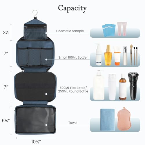 Maliton Hanging Toiletry Bag | Compact Travel Toiletry Bag for Men/Women | Foldable Mens Hygiene Bag with 4 Compartments| Waterproof Travel Bathroom Bag (Navy Blue)