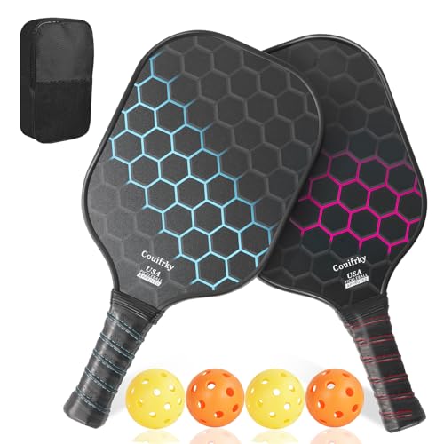 Fiberglass Pickleball Paddles Set of 2 with Balls and Bag - 4 Premium Indoor/Outdoor Pickleballs, Portable Carry Case, Durable Paddles for Men, Women, Beginners & All Skill Levels (Blue & Red)