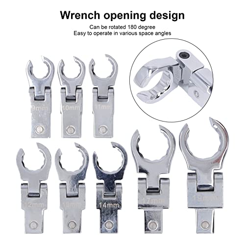 Flex Head Flare Nut Spanner Set, 9pc 9-19mm Metric Brake Line Spanner Offset Box Wrench Set - Image 3