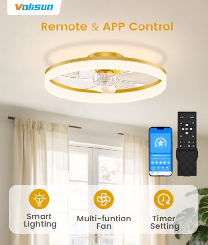 Image of VOLISUN Low Profile Ceiling Fans with Lights and Remote, 20in Fandelier Ceiling Fan Flush Mount, 3000K-6500K Smart Bladeless LED Fan Light, Gold Modern Ceiling Fans with Lights for Bedroom