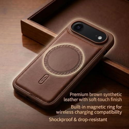 Image of amazon basics Premium PU Leather Case for iPhone 17 Air, MagSafe Compatible Magnetic Ring, Sleek Protective Back Cover - [Brown]