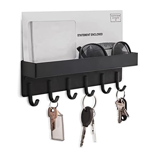 NM E-Store - Magnetic Key Holder w/ 6 Key Hooks, Key Holder for Wall w/Built-in Extra-Deep Tray, Multifunctional Key Hooks for Wall Mounting, Modern Key Rack Organizer, Black