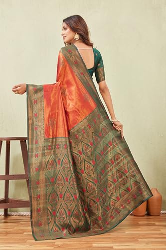Image of Women's Banarasi Silk Saree with Rich Pallu, Jacquard Zari Weaving Work & Unstitched Blouse Piece, Traditional Ethnic for Wedding, Party & Festive Occasion