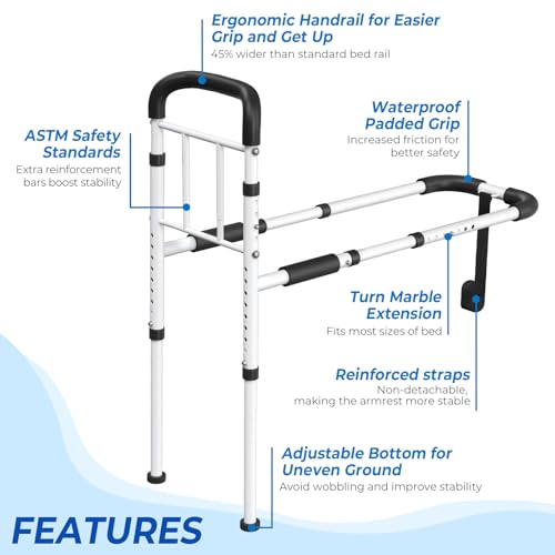 Bed Rails for Elderly Adults Safety - ASTM Approved Adjustable Bed Cane Supports 350LBS with Non-Slip Grip & Storage Pocket, Stable Bed Assist Rails for Seniors, Tool-Free - Image 6