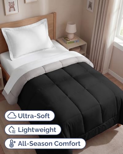 Image of Twin Size, Black & Light Grey Alternative Down Comforter - Warm, Lightweight & Breathable Hotel Quality Bedding Set for Men, Women, Kids & Teens - All Season Cooling Microfiber Duvet Insert Comforter
