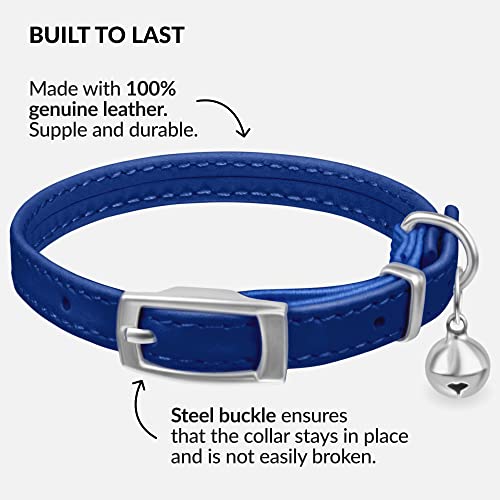 Image of Soft Leather Cat Collar with Safety Elastic Strap - Navy Blue