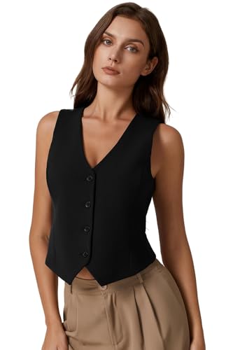QINSEN Womens V Neck Vest Top Sleeveless Button Down Fully Lined Solid Going Out Crop Tops4