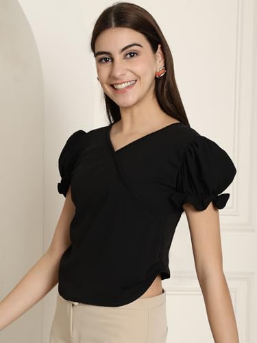 Image of Pinkmint Women Stylish T-Shirt l Short Balloon Sleeve Top's l V Neck Crop Top l Elegant Casual Tops for Girls (Pack of 1)