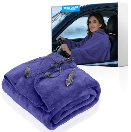 Sunny color Wearable Car Electric Blanket 12 Volt Heated Travel Blanket Plug in Heating Throw for...