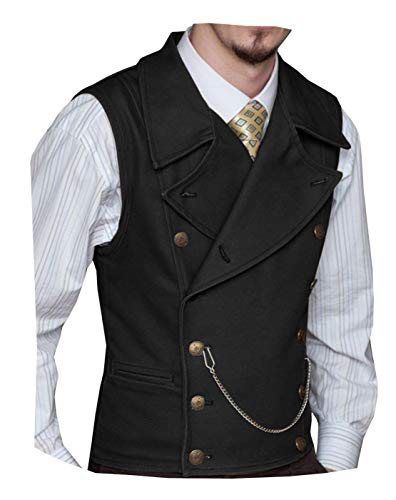 Ceehuteey Mens Suit Suede Double Breasted Vest Classic Groomsmen Wedding Waistcoat Leather Big Lapel(S,Black)