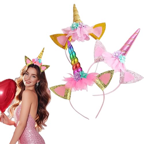 Jiounie Einhorn Stirnband 3 Stück Einhorn Haarreif Einhorn Stirnband Horn Haarreif Unicorn Horn Stirnband mit Ohren und Blumen für Ostern Geburtstag Party Karneval (Gold Rosa Farben)