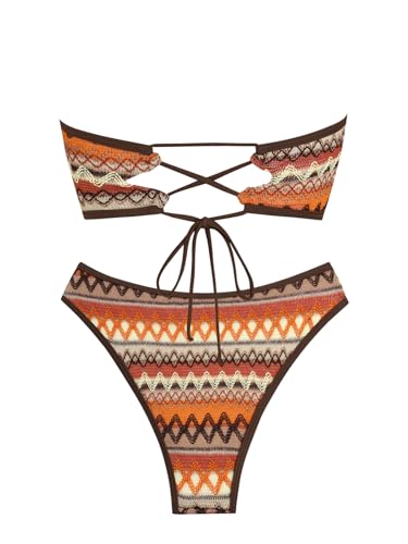 Image of ZAFUL Women Strapless Textured Bandeau Bikini 2 Piece Swimwear Cheeky Solid Lace up Bathing Suits