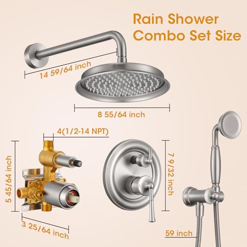 Image of Antique Shower Head with Handheld Spray Combo, Brushed Nickel Rain Shower System with Rough-in Balance Pressure Valve, 9 inch Bathroom Luxury Rain Fall Shower Head Wall Mount Round, (B2312-BN)