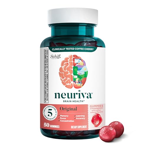 NEURIVA Original Brain Supplements for Memory and Focus, Clinically Tested Nootropics Phosphatidylserine and Neurofactor, Caffeine Free, 50ct Strawberry Gummies