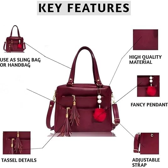 Image of Ladies Faux Leather Satchel Handbag, Burgundy, Double Zip Compartments, Tassel Charm, Pom Pom Accessory, Shoulder Strap