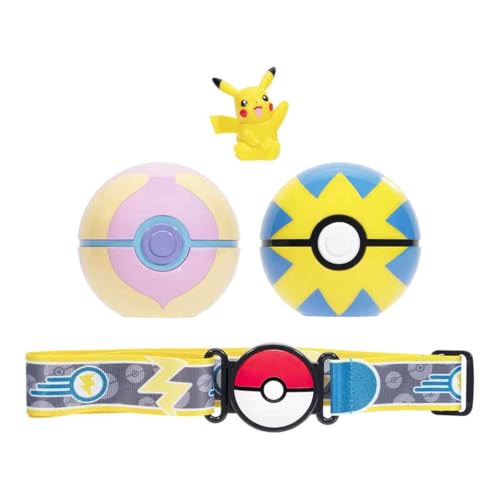 Pokémon O conjunto de cinto Pikachu Clip 'N' Go inclui um cinto temático e uma figura de ação Pikachu de 5 cm com acessórios de bola saudável e bola rápida