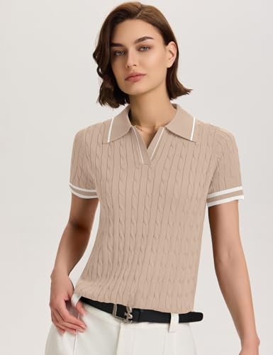 Image of Micoson Womens Short Sleeve Sweater Tops Lapel V Neck Polo Shirts 2026 Summer Cable Knit Loose Blouse Business Casual Outfits
