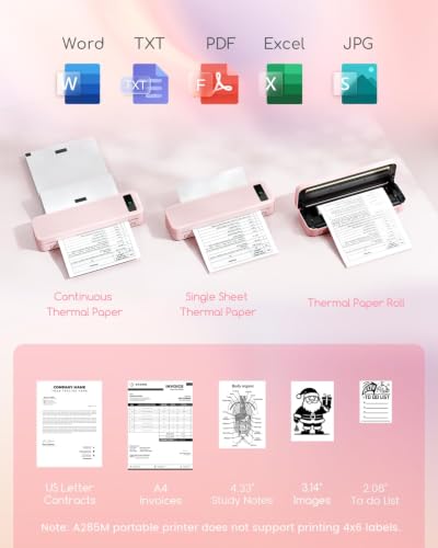 Image of Small Wireless Inkless Portable Thermal Printer, Support 8.5 inch X 11 inch, Pink