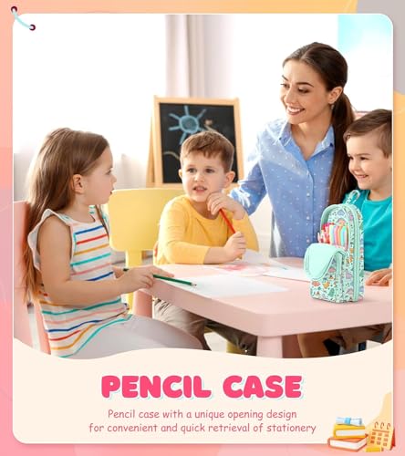 Image of Dravina Canvas Large Capacity Pencil Pouch with 3 Zippers & 5 Compartments| Aesthetic Stationary Standing Pencil Case| Waterproof School Box for Girls & Boys Unicorn Pencil Box (Green Dinosaur)