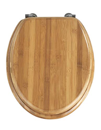 WENKO Toilettendeckel ohne Absenkautomatik, belastbar bis 350 kg, ovaler WC Sitz aus lackiertem Bambus, feuchtigkeitsresistent, Klodeckel mit Edelstahlbefestigungen, Montage von unten, Mod. Bambus
