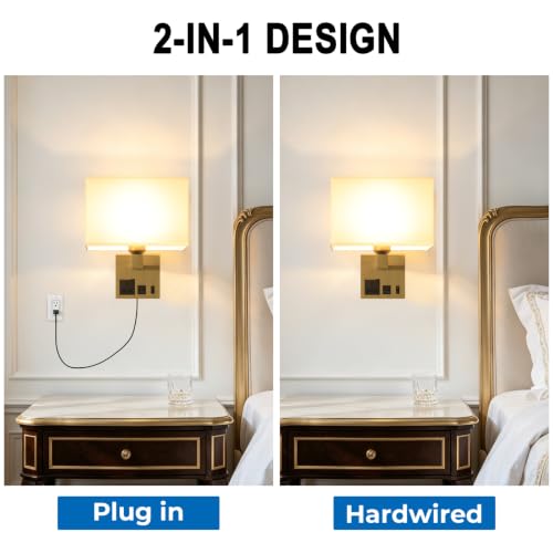 Image of Plug in Wall Sconces, Wall Lamp with Brass Base Square lampshade | Wall Lamps for Bedroom Bulb Included, Wall Mounted Lamp with 3 Color Temperature, Bedside Lamps with USB Ports and AC Outlet