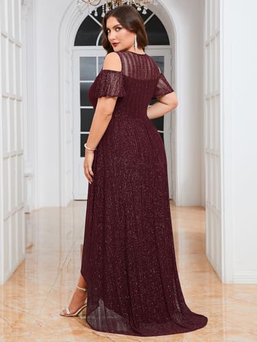 Image of ZOMVA Plus Size Sparkly Mesh Maxi Dress Cold Shoulder Ruffle Sleeve High Low A Line Dresses Wedding Guest Cocktail Party