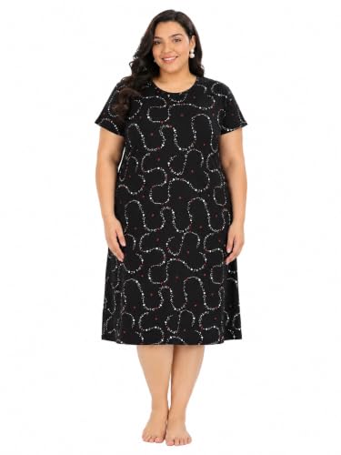 Image of 9shines Label Hosiery Cotton Knee Length Short Night Dress | Short Nighty for Women with Pocket | Graphic Print Nightwear | Night Gown for Women (M-7XL)