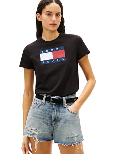 Tommy Jeans Womens Regular Flag Tee,Black Large