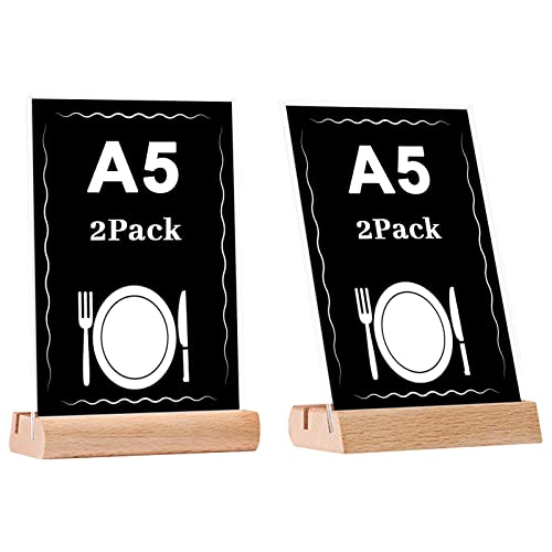 EACHPT Tischaufsteller A5, Acryl Tischaufsteller mit Holzfuß Buche 2 Stück A5 Hochformat Dualer Kartensteckplatz, Aufsteller Schild A5 Präsentationsständer für Firmen Büros,Menükartenhalter