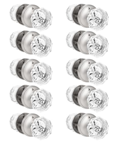 Orger Crystal Door Knobs 10 Pack, Interior Privacy Door Handles for Bedroom and Bathroom, Round Diamond Shape Clear Glass with Satin Nickel Finish Rosette